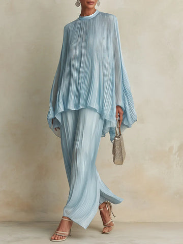 Classic Pleated Batwing-Sleeve Blouse & Wide-Leg Pants Set