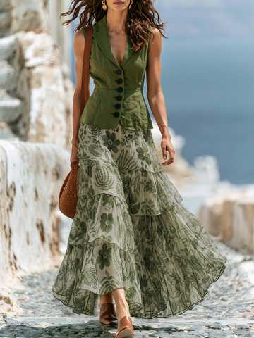 Olive Sleeveless Blazer Vest & Green Floral Boho Tiered Maxi Skirt Two Piece Set