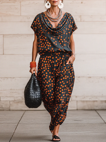 Black Satin Polka Dot TurtleneckTop And Loose-fitting Lantern Pants Suit