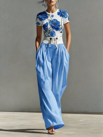 Blue Floral Top and Double-Waistband Trousers Set