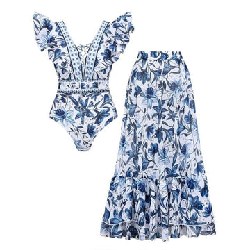V Neck Ruffle Lace Up Printed One Piece Swimsuit and Skirt