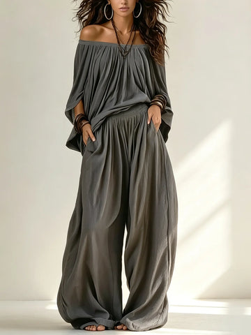 Off-The-Shoulder Dark Gray Loose Top And Pants Pure Cotton Two-Piece Set