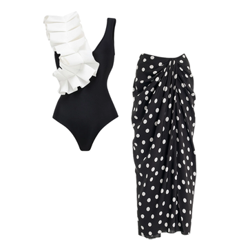 Ruffle Fold Polka Dot Printed One Piece Swimsuit and Sarong Flaxmaker