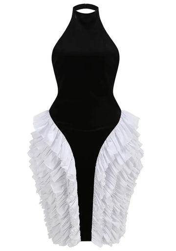 Halter Ruffle Velvet Midi Dress Black White