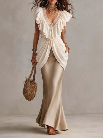 V Neck Ruffle Lace Trim Draped Overlay Top Satin Mermaid Maxi Dress Set