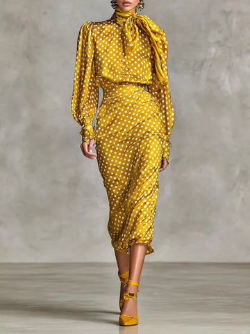 Vintage Satin Polka Dot Print Shirt And Skirt Two-Piece Set
