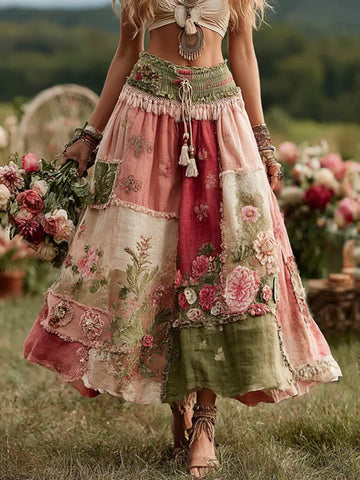Vintage Boho Rose Floral Patchwork Art Flowy Linen Skirt