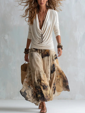 Off-white Draped Neckline Top And Khaki Printed Chiffon Skirt Set