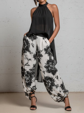 Casual Retro Chiffon Halter-Neck Top And Printed  Pants Set