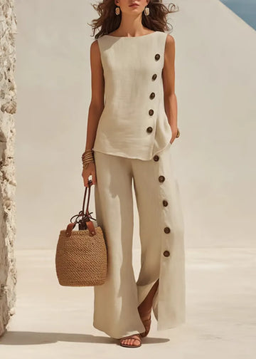 Beige Loose Button Detail Top Wide Leg Pant Set