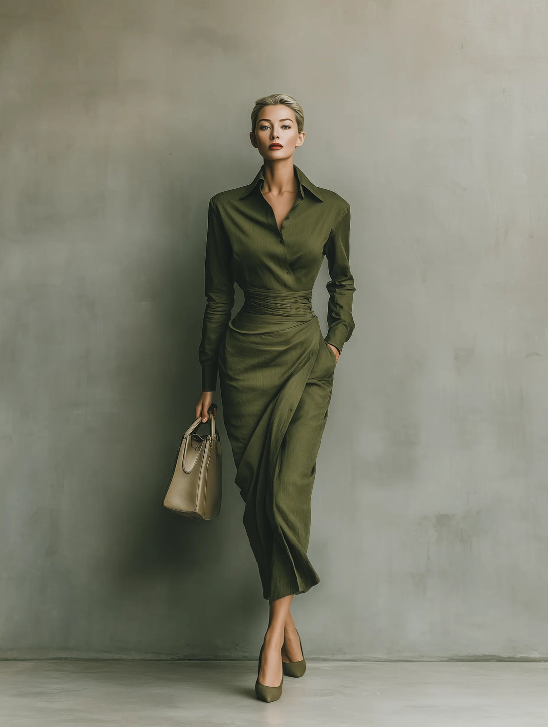 Women's Army Green Cotton Blended Maxi Dress MDA2281I8T
