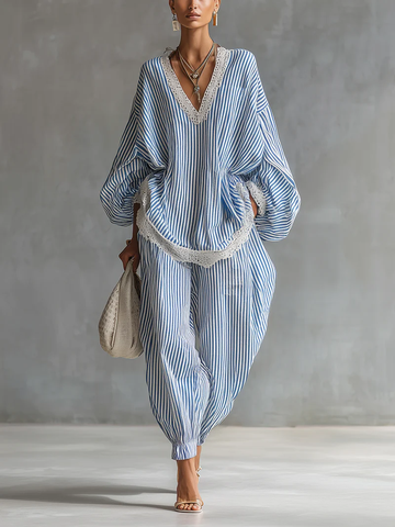 Blue Striped Lace-trimmed Loose Two-piece Set