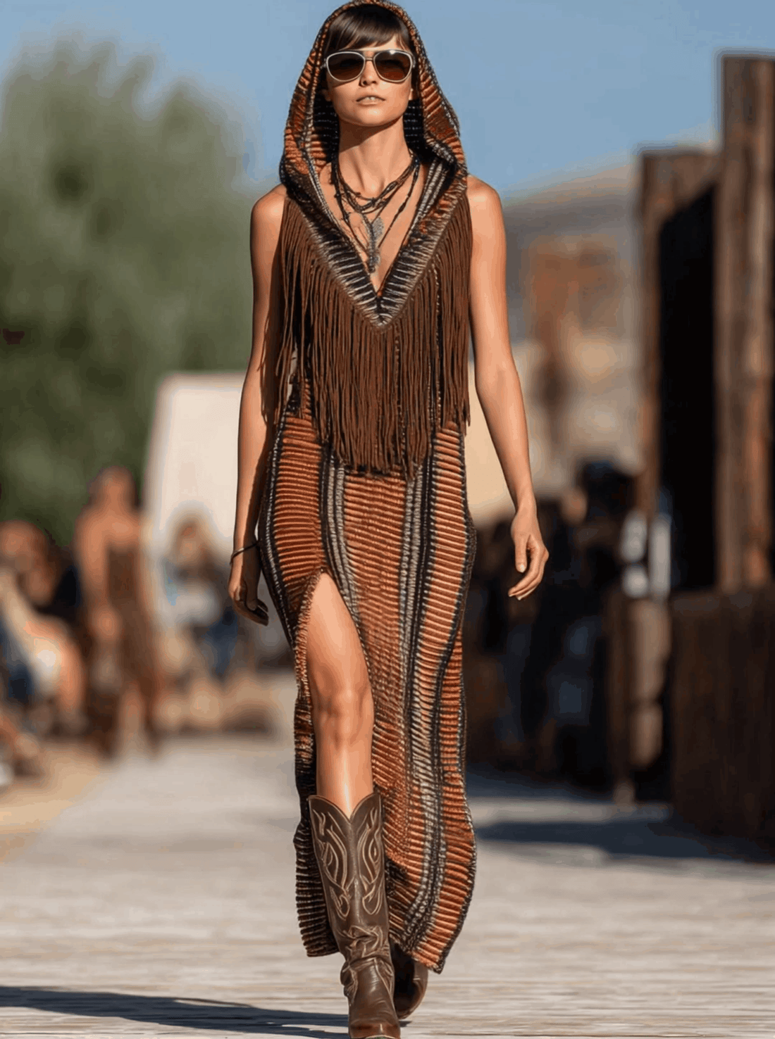 【24-hour shipping out】Western Retro Colorful Striped Knitted Tassel Hooded Slit Maxi Dress