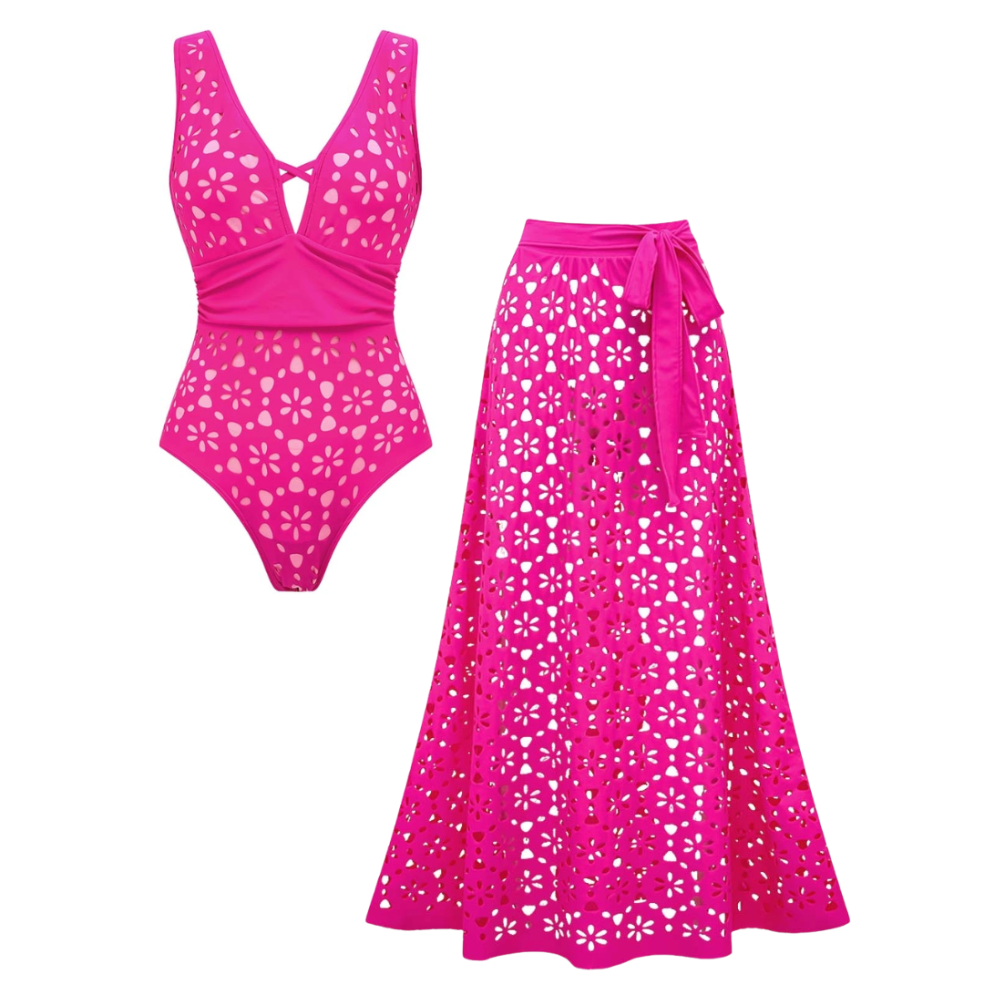 Laser Hollow Out One Piece Swimsuit and Skirt