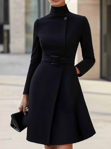 Elegant High-neck Tie-waist A-line Midi Dress (with belt)