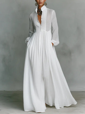 Minimalist Patchwork Single-breasted Stand-up Collar Long-sleeved Dress