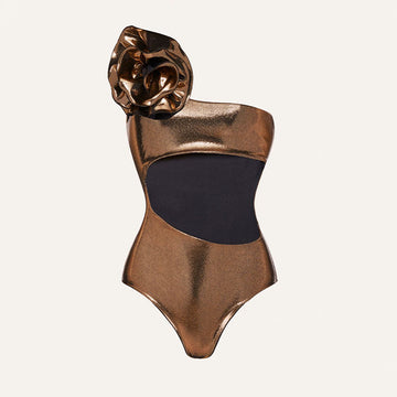 3D Flower One Shoulder Cut out One Piece Swimsuit Flaxmaker