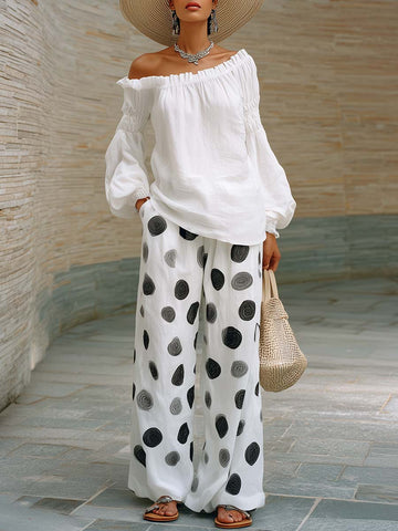 White Off-shoulder Top And Polka Dot Wide-leg Pants Set