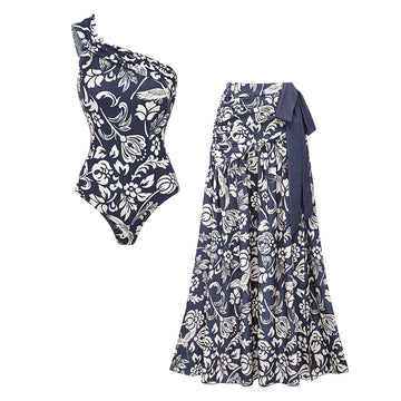 One Shoulder Ruched Blue Printed Swimsuit Set(s)