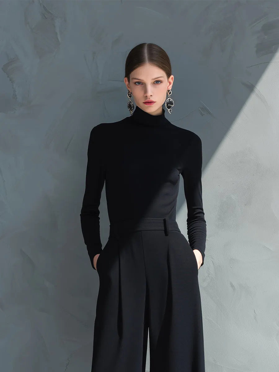 Women's Black Classic Knit Turtleneck Wide - Leg Jumpsuit MDA2133J5I