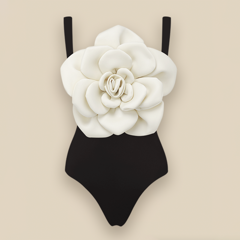 3D Flower Sling Color Block One Piece Swimsuit and Skirt Flaxmaker