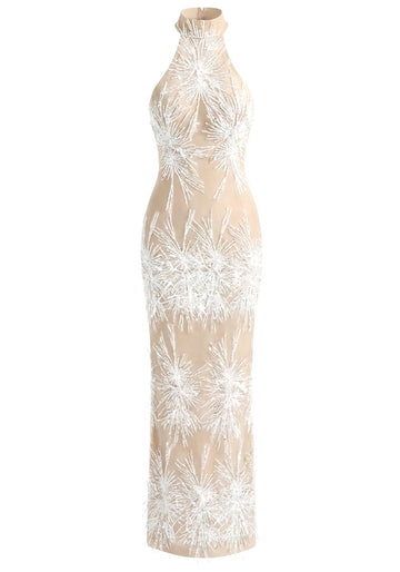 Halter Pearl Sequin Embellished Maxi Dress Nude