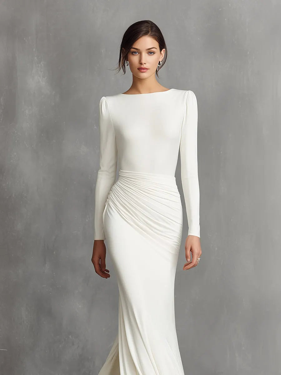 Women's White Elegant Satin Ruched Mermaid Maxi Dress MDA0910I5I