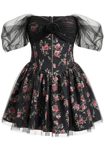 Mesh Bardot Floral A Line Dress Black