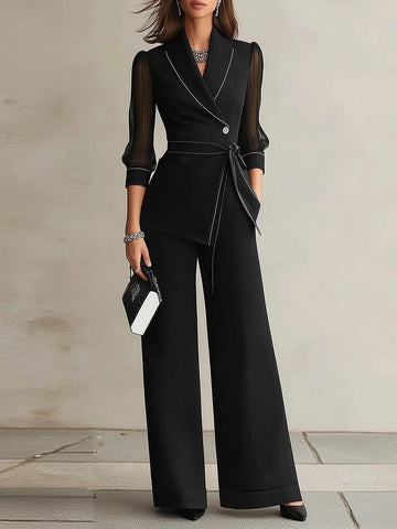 Black Sheer Mesh Sleeve Blazer Wide Leg Pant Set
