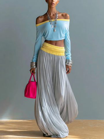 Off-Shoulder Color-Block Top and Pleated Skirt Vacation Two-Piece Set