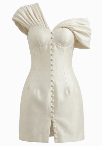 Draped One Shoulder Bardot Dress Ivory