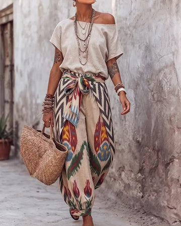 Bohemian Off-the-shoulder Top And Ethnic Lantern Pants Set