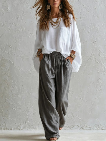 White Loose Top And Gray Elastic Waist Wide-leg Pants Suit