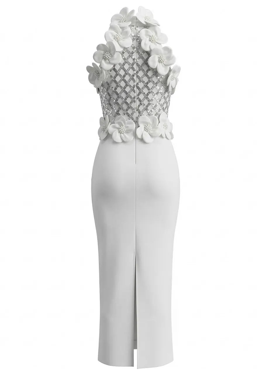Floral Sequin Maxi Dress White