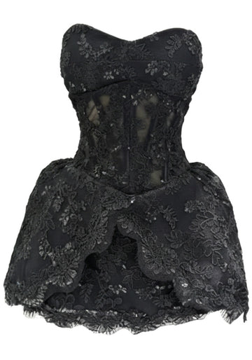 Strapless Lace A Line Dress Black