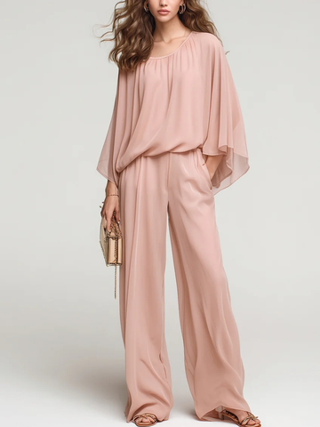 Nude Pink Chiffon Batwing Sleeve Top And Wide-leg Pants Set