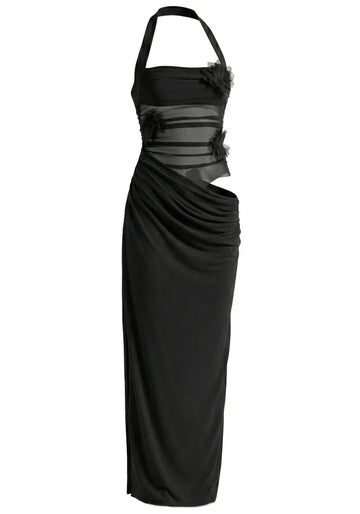 Halter Floral Mesh Maxi Dress Black