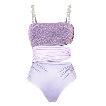 Pearl Shoulder Strap Cutout Shiny Texture One Piece Swimsuit and Skirt