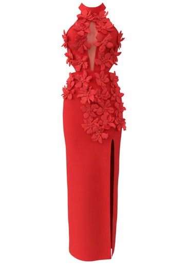 Halter Floral Cut Out Maxi Dress Red