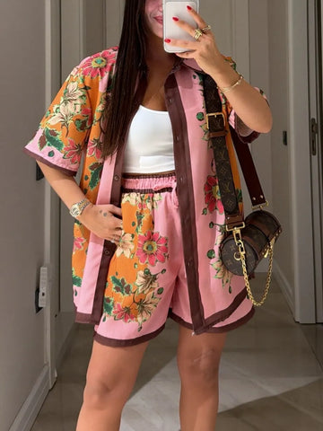 Pink Floral Print Short-sleeved Shirt And Shorts Set