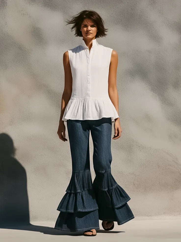 Women's Minimalist Stand-Collar Sleeveless Single-Breasted Shirt With Ruffled Hem MDZ1677D9Y