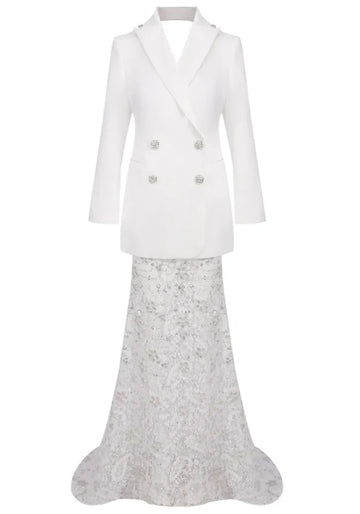 Long Sleeve Blazer Lace Maxi Two Piece Dress White