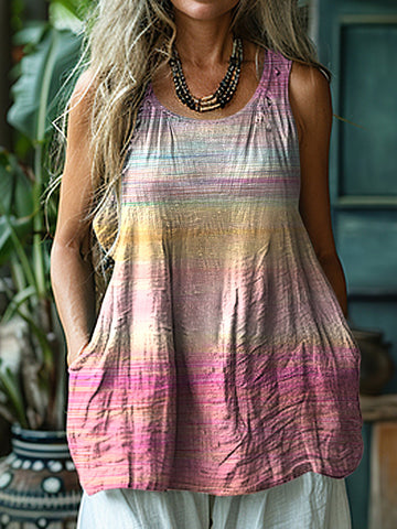 Women's Retro Cancer Awareness Ribbon Art Gradient Style Linen Sleeveless Tank Top