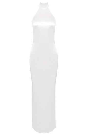 Halter Pearl Backless Maxi Dress White