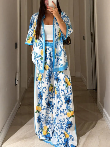White And Blue Lemon Floral Print Shirt And Wide-leg Pants Suit