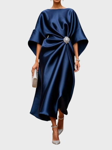 Satin Dress with Side Pleat and Decorative Buckle