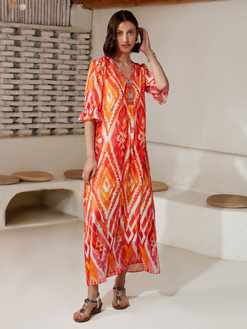Chiffon Ethnic Print Midi V-Neck Dress
