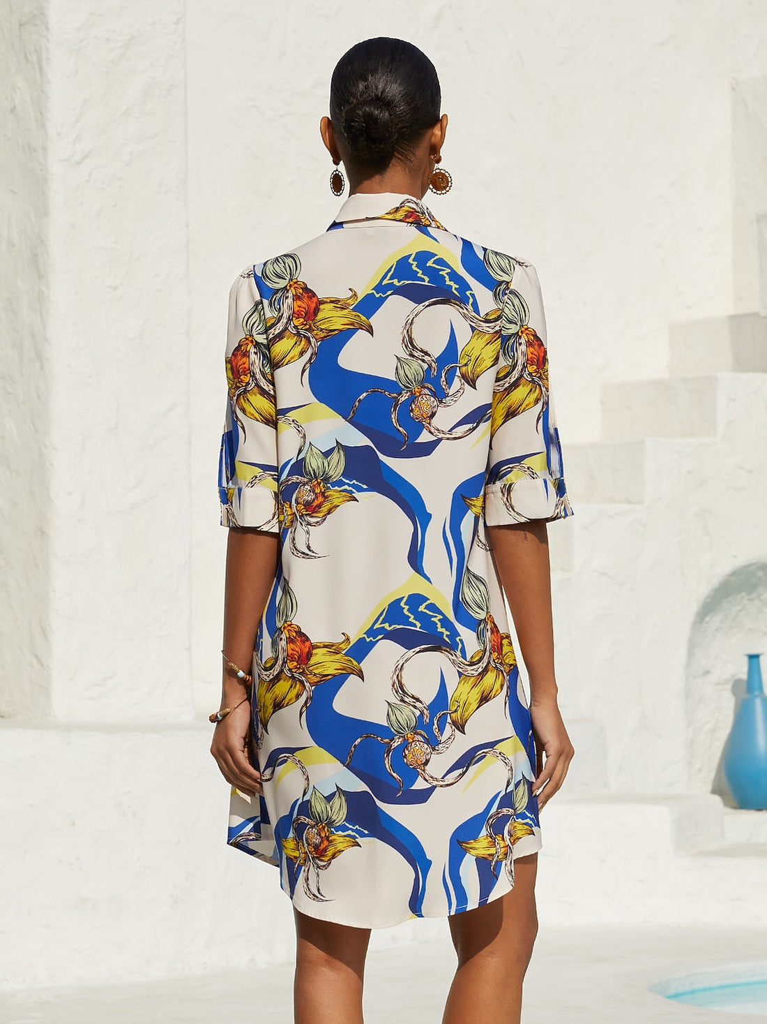 Ocean Blue Orchid Silky Satin Floral Shirt Dress